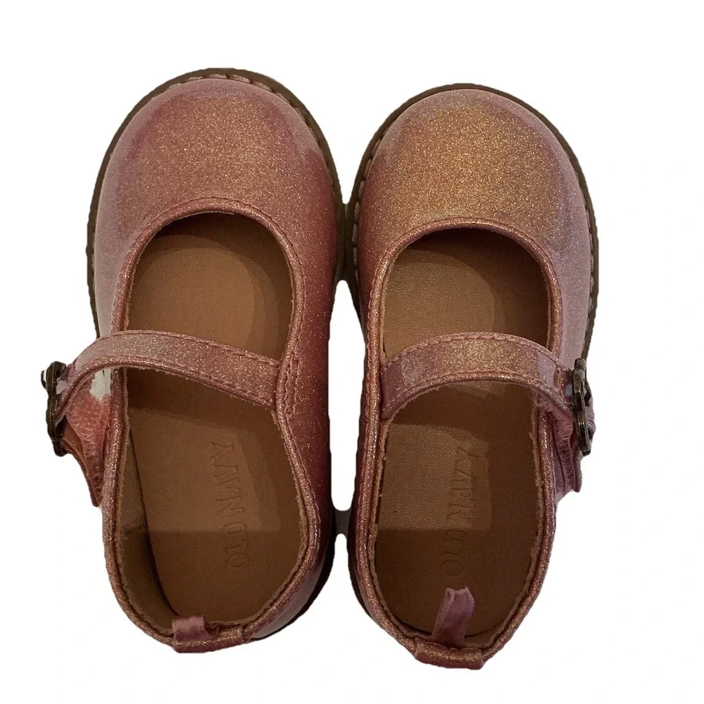 Old Navy‎ Mary Jane Shoes Glitter Look Pink Flower Buckle Toddler Size 6 Sparkle
